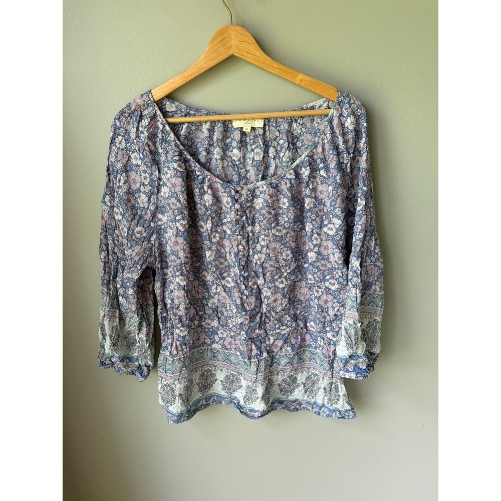 Cynthia Rowley Woman Floral Peasant Blouse Blue Lavender Rayon Top 1X